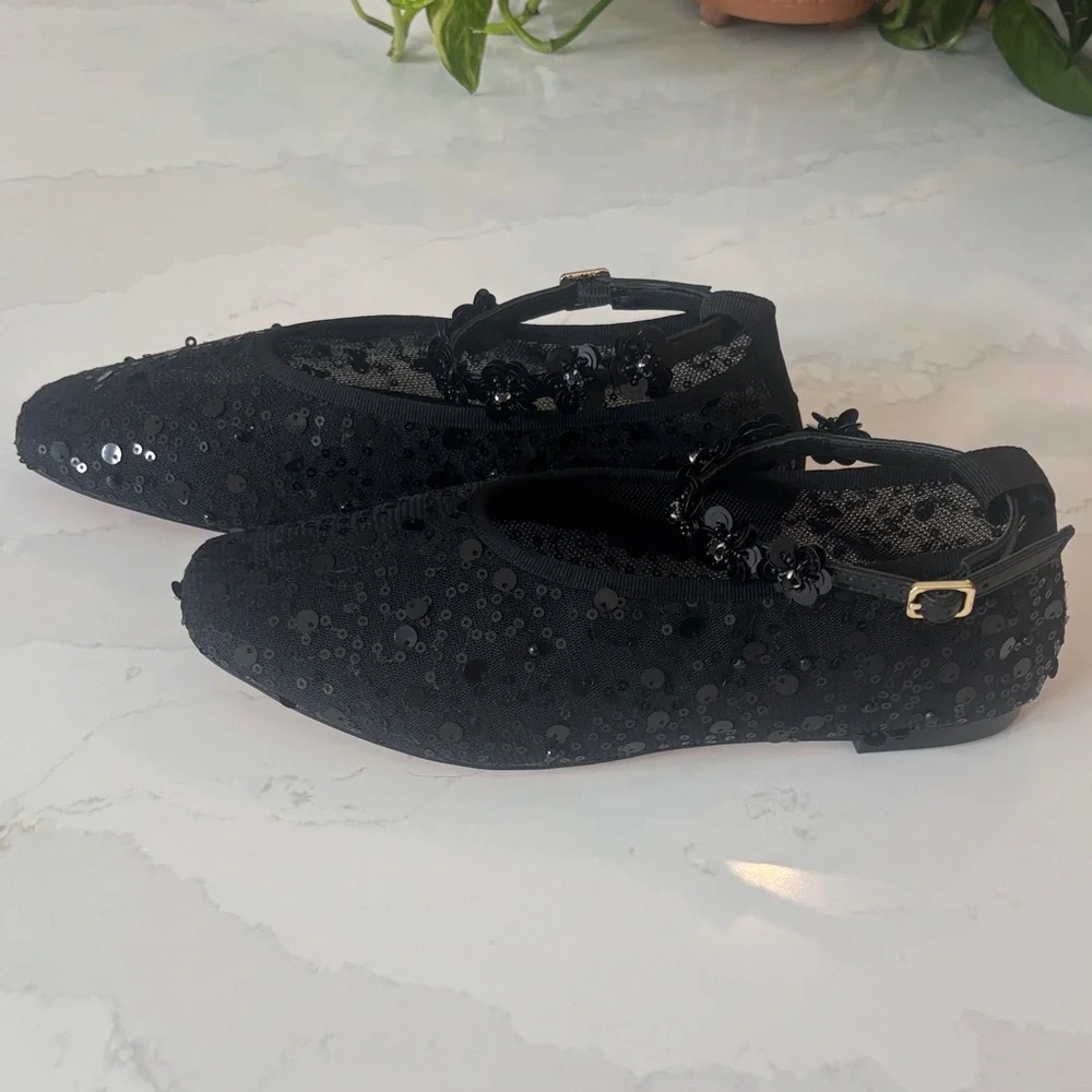 J. Crew Quinn Black Sequin And Mesh Ballet Flats w/Removable Ankle Strap Sz 7.5 - Picture 7 of 12